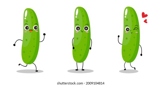 Vector illustration of cucumber character with various cute expression, happy, funny, set of cucumber isolated on white background, simple minimal style, fresh fruit for mascot collection, emoticon