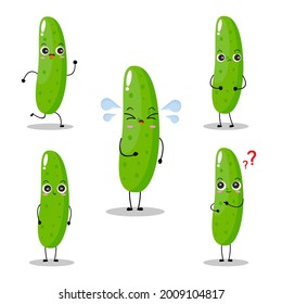 Vector illustration of cucumber character with various cute expression, funny, set of cucumber isolated on white background, simple minimal style, fresh fruit for mascot collection, emoticon
