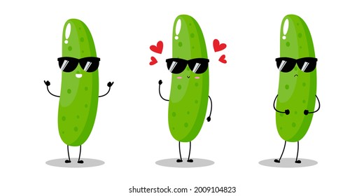 Vector illustration of cucumber character with various cute expression, cool, fun, set of cucumber isolated on white background, simple minimal style, fresh fruit for mascot collection, emoticon