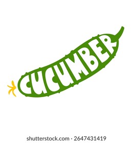 Vector illustration of a cucumber with handdrawn lettering inside its shape. Simple green vegetable silhouette on a white background. creative concept combining food and typography for healthy design