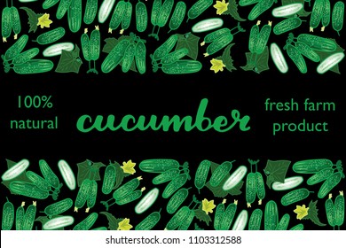 vector illustration of cucumber and leaf design with lettering cucumber background black and vegetable and text fresh farm product 100% natural EPS10