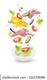 Vector illustration of a cucumber salad cheese meat mushrooms in a white plate