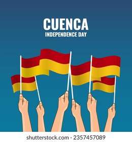 Ilustración vectorial del Día de la Independencia de Cuenca. Manos con banderas
