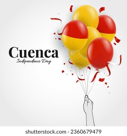 Ilustración vectorial del Día de la Independencia de Cuenca. Mano con globos.
