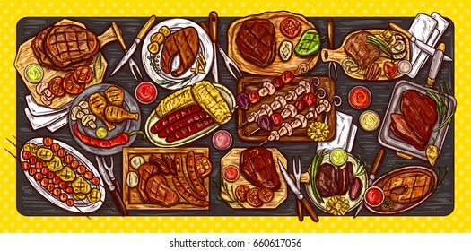 Vector illustration, culinary banner, barbecue background with grilled food, various meat, sausages, vegetables and sauces. Served table for barbecue, top view