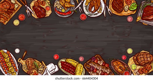 Vector illustration, culinary banner, barbecue background with grilled food, various meat, sausages, vegetables and sauces. Served table for barbecue, top view