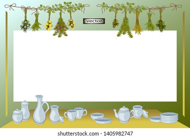 vector illustration of culinary frame in vintage style dried spices and dishes on the table
