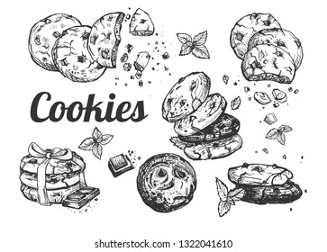 Dibujo vectorial de obras maestras culinarias, conjunto de dulces. Pasteles, galletas con miga de chocolate en una sola pieza, con un mordisco sacado de ella decorado con arco. Estilo pintado a mano.