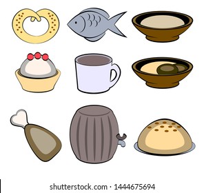 vector illustration of a culinary set of bread, cake barrel, mug, fish and meat