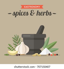 Vector illustration of culinary spices and herbs with mortar and pestle. Flat style.