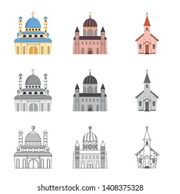 Vector illustration of cult and temple icon. Collection of cult and parish vector icon for stock.