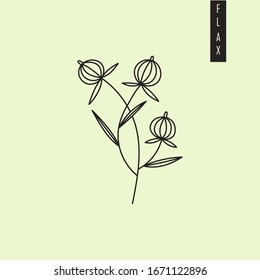 Vector illustration of cultivated dry flax plant with seeds in outline style isolated on green background. Flax seed drawing for emblem, logo, icon, print for medicine, textile and culinary sphere.