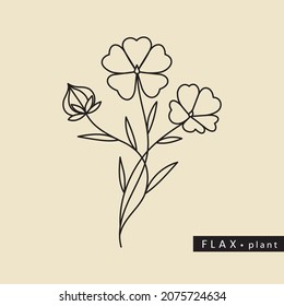 Vector Illustration Of Cultivated Dry Flax Plant With Seeds In Outline Style Isolated On Green Background. Flax Seed Drawing For Emblem, Logo, Icon, Print For Medicine, Textile And Culinary Sphere.