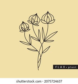 Vector Illustration Of Cultivated Dry Flax Plant With Seeds In Outline Style Isolated On Green Background. Flax Seed Drawing For Emblem, Logo, Icon, Print For Medicine, Textile And Culinary Sphere.