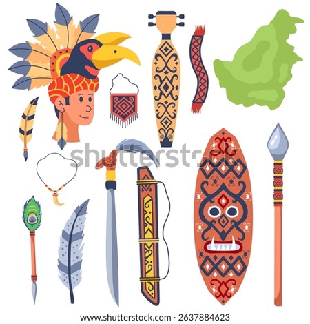 Vector Illustration of Cultural Elements of the Dayak Tribe of Borneo: Traditional Weapons, Shields, Mandau, and Customary Accessories. Collection of Dayak Tribe Elements of Borneo