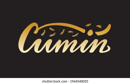 Vector Illustration Of Cumin Lettering For Packages, Product Design, Banners, Stickers, Spice Shop Price List And  Decoration. Handwritten Word With Scattered Seeds For Web Or Print
