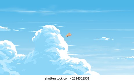 ilustración vectorial de la imagen de nubes cumulonimbus con un biplano volando en el cielo azul