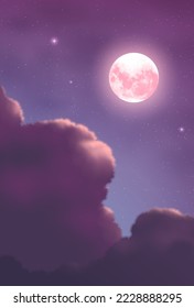 ilustración vectorial de nubes cumulonimbus de noche con un fondo de noche estrellada y una gran luna llena