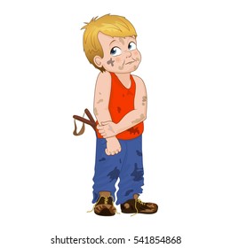 Vector Illustration Cunning Little Bully Boy. Boy Has Untidy Appearance And He Has In His Pocket A Slingshot