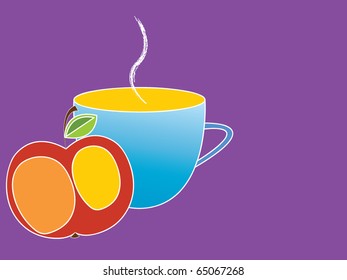 vector illustration of the cup and an apple on a purple background