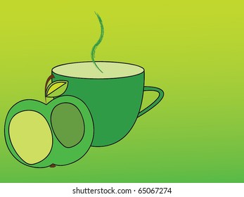 vector illustration of a cup and an apple on a green background