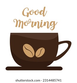 Vektorgrafik einer Tasse und einer Abzeichen von Kaffeebohnen mit einer guten Morgenbotschaft.
