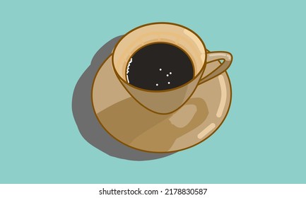 Vector illustration. A cup of black coffee on a bluish green background.