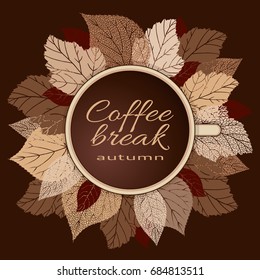 Vector Illustration. Cup of black hot coffee standing on autumn leaves lace in coffee colors.