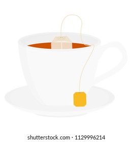 Vector illustration cup of black tea isolated on white. Teabag with yellow label