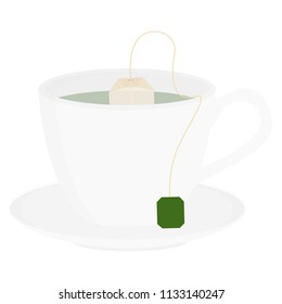Vector illustration cup of black tea isolated on white. Teabag with green label