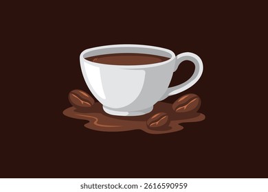 Vector illustration of a cup of brown coffee decorated with coffee beans.