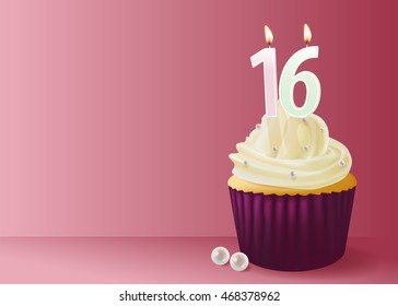 Vector illustration of cup cake with birthday candle 16.