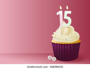 Vector illustration of cup cake with birthday candle 15.