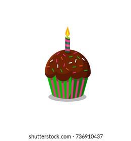 Vector illustration of cup cake with burning candle isolated on white background. Clip art, icon.