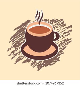 Vector illustration, a cup of cappuccino coffee, latte, espresso  coffee beans, baking for postcards, poster, poster, logo, business card, menu, recipe, template. beautiful background with texture