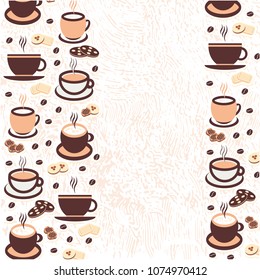 Vector illustration, a cup of cappuccino coffee, latte, espresso with biscuits, coffee beans, baking for postcards, poster, poster, logo, business card, menu, recipe, template. background with texture