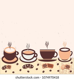 Vector illustration, a cup of cappuccino coffee, latte, espresso with biscuits, coffee beans, baking for postcards, poster, poster, logo, business card, menu, recipe, template. background with texture