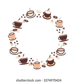 Vector illustration, a cup of cappuccino coffee, latte, espresso with biscuits, coffee beans, baking for postcards, poster, poster, logo, business card, menu, recipe, template. background with texture