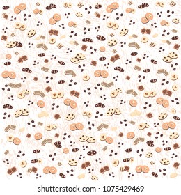 Vector illustration, a cup of cappuccino coffee, latte, espresso with biscuits, coffee beans, baking for postcards, poster, poster, logo, business card, menu. beautiful background with texture