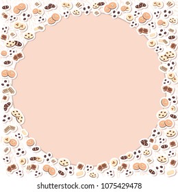 Vector illustration, a cup of cappuccino coffee, latte, espresso with biscuits, coffee beans, baking for postcards, poster, poster, logo, business card, menu. beautiful background with texture