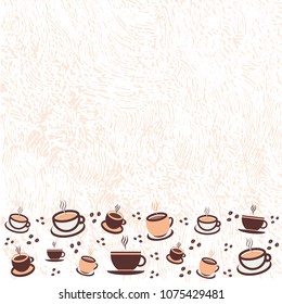 Vector illustration, a cup of cappuccino coffee, latte, espresso with biscuits, coffee beans, baking for postcards, poster, poster, logo, business card, menu. beautiful background with texture