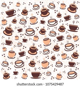 Vector illustration, a cup of cappuccino coffee, latte, espresso with biscuits, coffee beans, baking for postcards, poster, poster, logo, business card, menu. beautiful background with texture