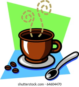 Vector illustration of a cup of cappuccino coffee with steam, a silver spoon and some coffee beans.