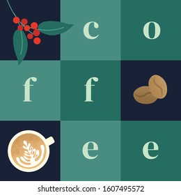 Vector illustration with cup of cappuccino, inscription coffee, beans and branch with leaves. Square style background for specialty coffee house, shop or package. Template for poster, brochure, flyer.