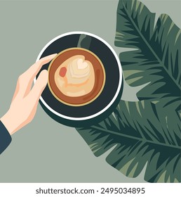 Vector illustration of a cup of cappuccino on the table against a tropical background. A cup of coffee in hand on a green background. Summer latte. Cozy illustration