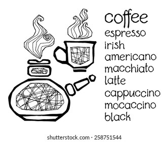 vector illustration of cup and cezve with handwritten names of different kinds of coffee based drinks