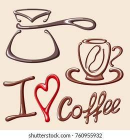 Vector illustration with cup, cezve and lettering. Suitable for cafe, coffee shop, coffee house or poster