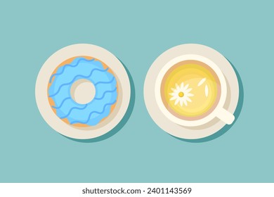 Vector illustration of a cup of chamomile tea and blue donut. Top view of a table in a cafe. Breakfast, tea break, sweet snack. Warm season in autumn. Hot tea with soul.