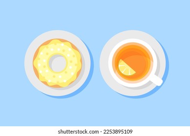 Vector illustration of a cup of citrus tea and lemon donut. Top view of a table in a cafe. Breakfast, sweet snack. Warm season in autumn. Hot tea with soul.