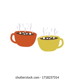Vector illustration with a cup of cocoa or coffee. Two mugs with a hot drink. Flat design colored dishes. Cozy and homely atmosphere